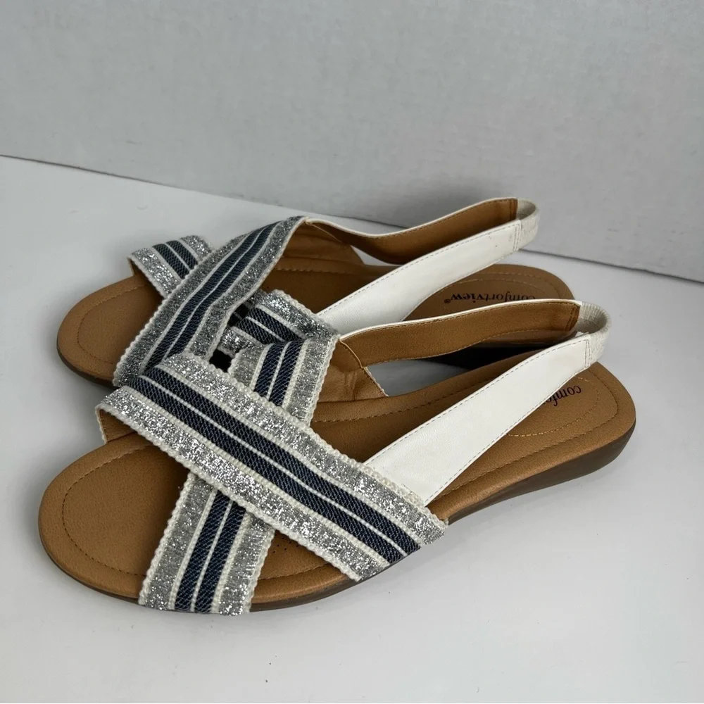 Comfortview Emma Sling BackCross Strap Blue Metallic Gold Womens Sandals Size:9w